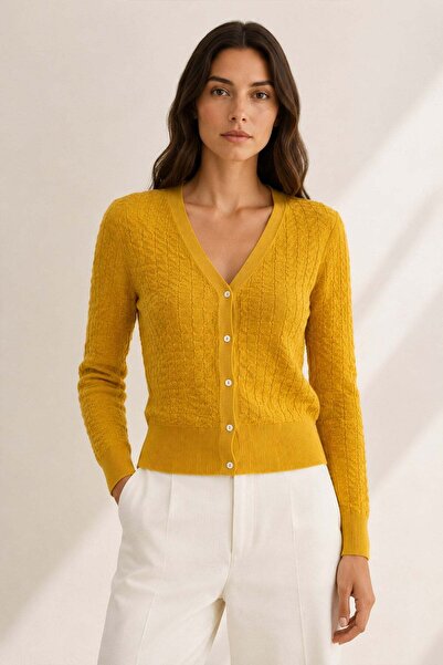 Ferraro Mustard V-Neck 100% Organic Cotton Buttoned Knitwear Cardigan