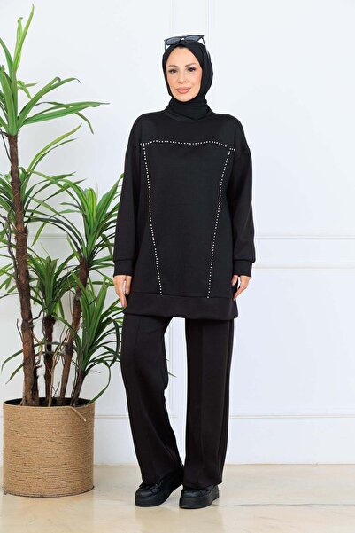 Moodbasic Gümüş İncili Scuba Tunik - Siyah