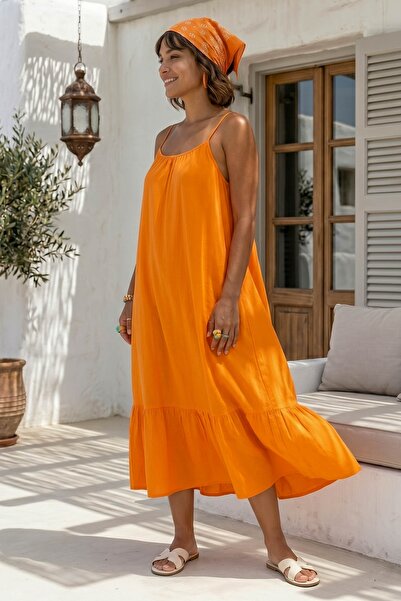 Chiccy Orange Skirt Ruffled Adjustable Strap Casual Viscose Standard Woven Dr...