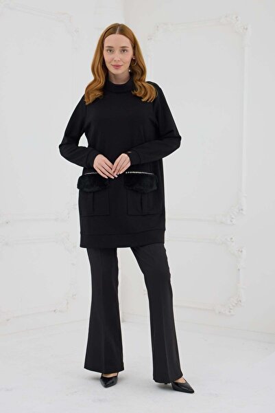 Moodbasic Kürk Cepli Sweatshirt - Siyah