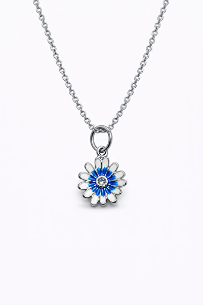MakeWell Daisy Figured Steel Necklace – Blue and White Enamel Detailed Zircon...