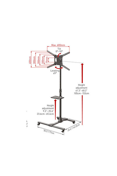 Barkan Βάση Τηλεόρασης Δαπέδου SW411H 13" - 83" με Κλίση και Ροδάκια