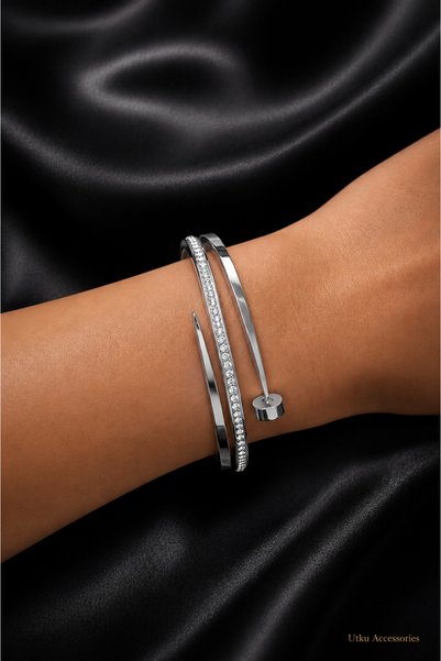 utkuergin Stainless Steel Silver Stone Cuffed Steel Bracelet