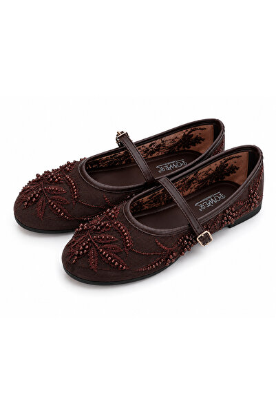 star shoes Balerini din tul transparent, maro, cu perle brodate, cu model flo...