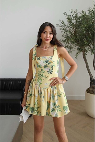 Havoş Yellow Floral Mini Dress with Tie Straps