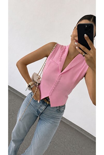 ossons Slim Fit Fabric Covered Button Detailed Candy Pink Vest