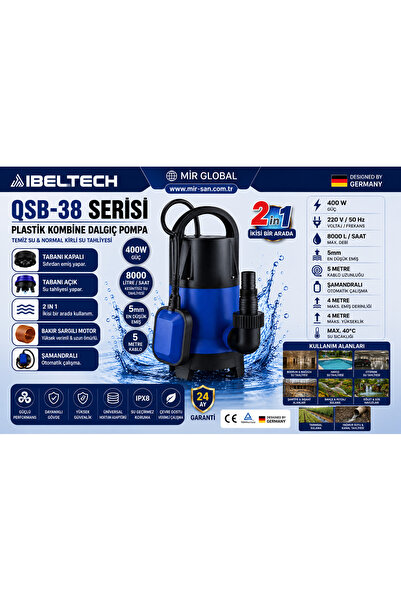 İBELTECH 400W Kombine Dalgıç Pompa 2’si 1 Arada Şamandıralı 8000 L/Saat Temiz...