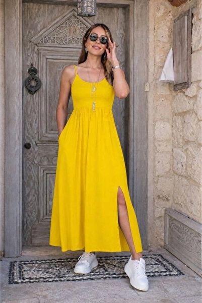 Generic Brand Women's Rope Strap Round Neck Long Viscose Dress with Front Sli...