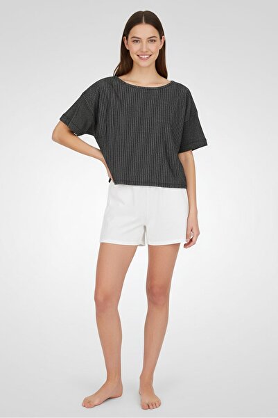 Undiz Women Micro Stripe Short Sleeve Sleepwear Top, Black