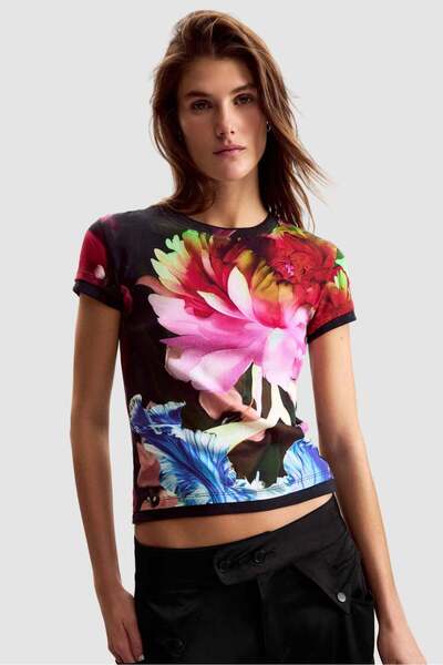 Desigual Women's T-shirt black with front floral print - XL