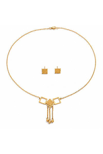 OEM Set colier și cercei cu elemente pătrate, placat cu aur 18K