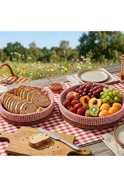Yıldızan Nzr Beautestore Wicker Round Bread Basket, Red and White Checkered F...
