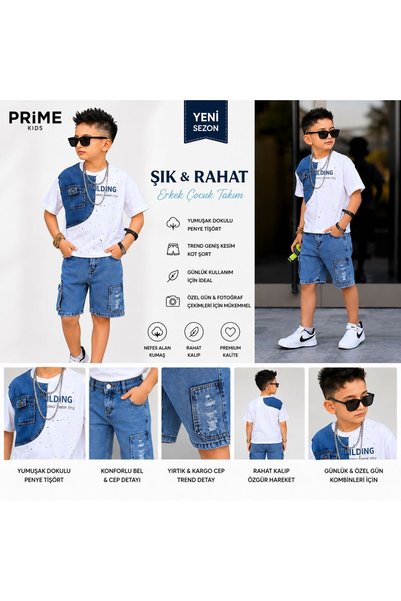 Prıme KIDS Boy's Printed and Embellished Denim Shorts Set 4-12 Years