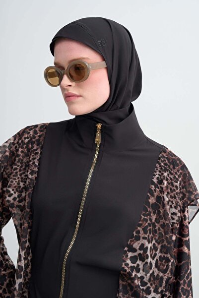 Moodbasic Leopar Tül Volanlı Tesettür Mayo - Siyah