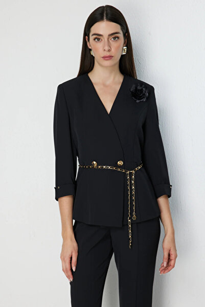 Ekol Rose Brooch Chain Belted Jacket-1248