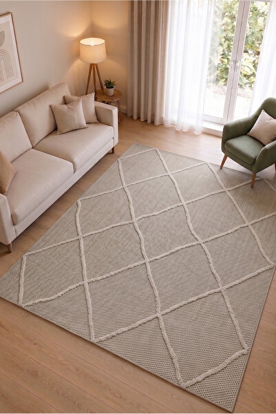 TCH Home Living Pia Bej İskandinav Tasarım Jüt Taban Dokuma Halı Salon Mutfak...