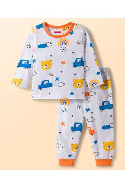 Babyhug Cotton Pajama Set with Vehicle Print - White