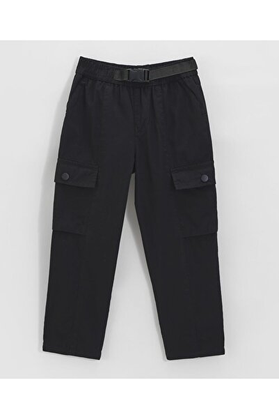 Primo Gino 100% Cotton Buckle Detail Solid Wide Leg Cargo Poplin Joggers - Black