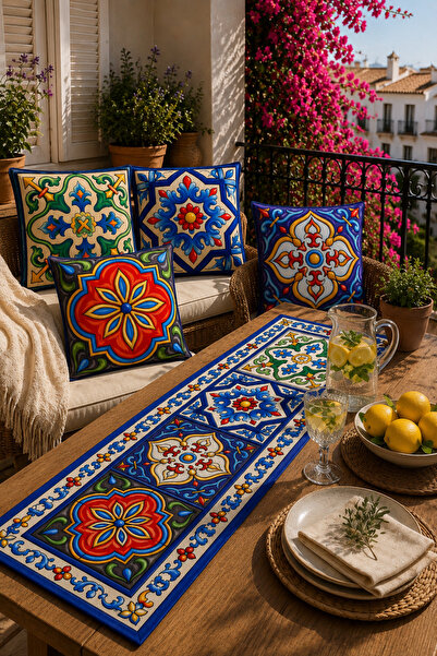 Elay Tekstil Majolica Bahçe Runner & Kırlent Kılıfı Seti