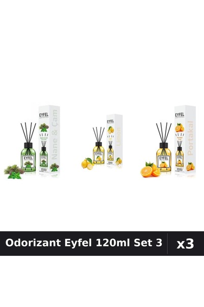 Eyfel Set 3 Odorizant Cameră cu Bețișoare 120ml - Lămâie, Pin și Mentă, Porto...