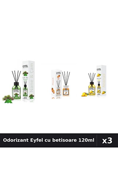 Eyfel Set 3 Odorizante Camera cu Betisoare 120ml - Pin, Piersică, Ananas