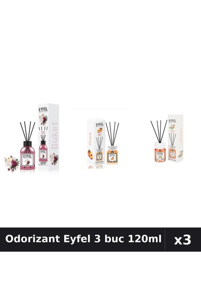 Eyfel Set 3 Odorizante Camera cu Betisoare - Bouquet, Piersica, Acacia, 120ml