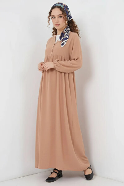 buğrahayalin Women's V-Neck Gathered Waist Long Sleeve Biscuit Hijab Dress