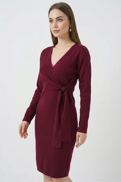 buğrahayalin Women's Double Breasted Collar Belted Knitwear Burgundy Dress