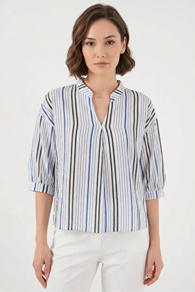 Efnaz style Women's V-Neck Oversize Striped Viscose Navy Blue Blouse