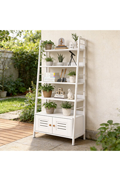 GoldenLike Ladder Shelf with Cabinet, 5-Tier Freestanding Storage Rack, Trape...