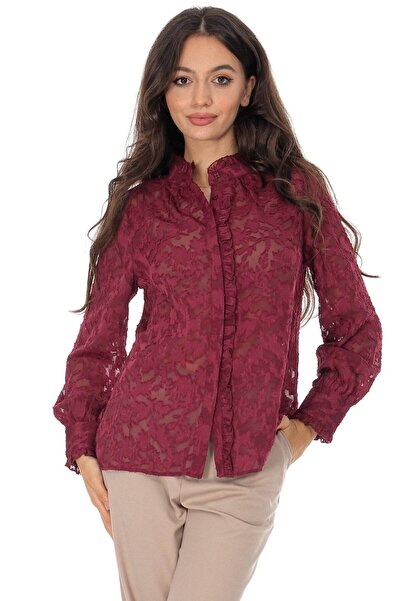 ROHBOUTIQUE Elegant sheer lace blouse with frills in Wine BR2946