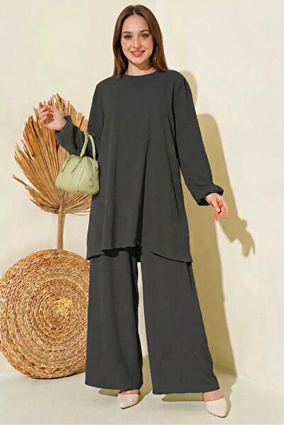 buğrahayalin Women's Round Neck High Waist Wide Leg Anthracite Suit