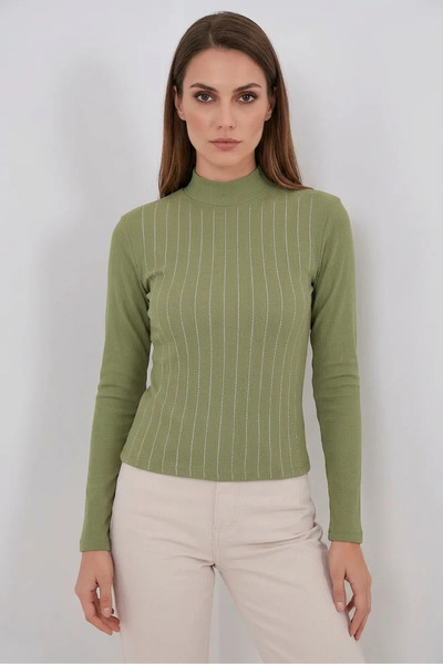 buğrahayalin Women's Turtleneck Stoned Striped Green Body