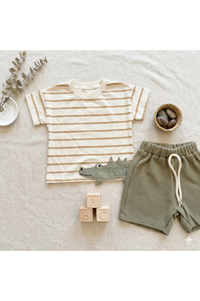 Victorino Boys' Cotton Summer Top Bottom Set – Striped T-Shirt with Crocodile...