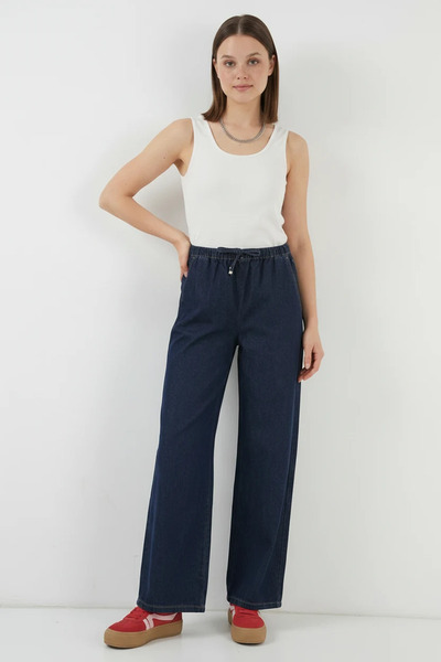 buğrahayalin Women's High Waist Denim Wide Leg Navy Blue Palazzo Trousers