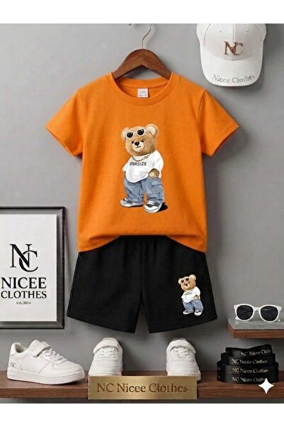 NC Nicee Clothes Summer Children's T-Shirt Shorts Unisex (Ovarsi̇tee Bear Print)