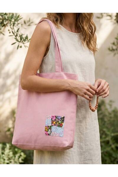 İYİGÜN Patchwork Detaylı Dak Kumaş Pembe Kadın Bez Salaş Çanta