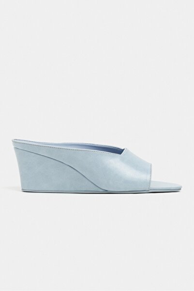NİŞANTAŞI SHOES Allison Baby Blue Rustic Patterned Wedge Heeled Women's Slippers