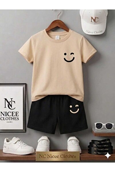 NC Nicee Clothes Summer Children's T-Shirt Shorts Unisex (Black Smile Emoji P...