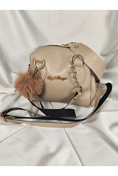 Leaf Accessory Cream Beige Cross Shoulder Bag with Pompom Accessories and Gol...
