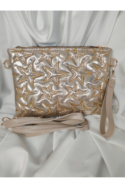 Leaf Accessory Star Patterned Champagne Gold Quilted Clutch Portfolio Handbag