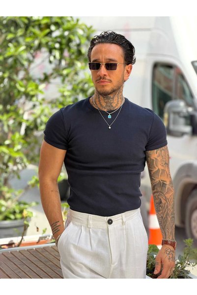 manch collection Basic Fitilli Slim Kalıp T-Shirt Lacivert