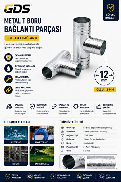 GENERAL GDS 12 mm Metal T Boru Bağlantı Parçası 3 Yollu Galvaniz Hortum Eki