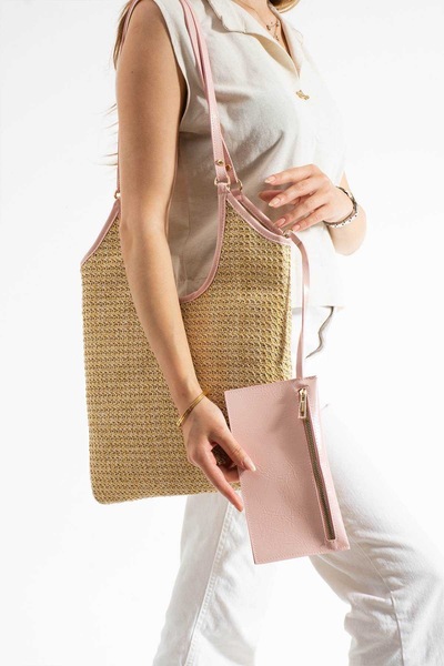 KIRASE Natural Wicker Textured Double Bag Set Daily Use Large Size Shoulder a...