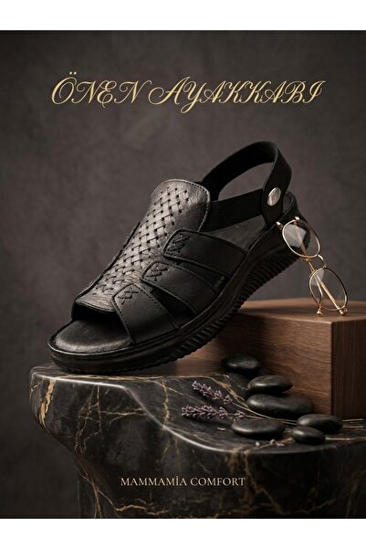 Mammamia Black Genuine Leather Orthopedic Sandals
