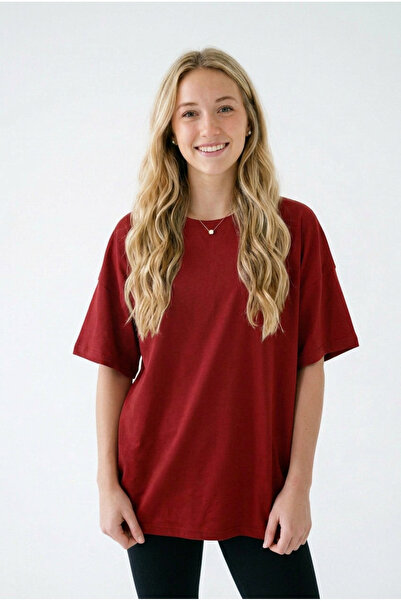 ELAFRO Women's Red Oversize Comfortable Fit Combed Cotton Crew Neck T-Shirt