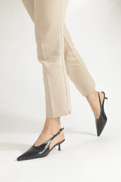 PİMORA Navy Blue Wrinkled Patent Leather Pointed Toe Open Back 4 cm Thin Heel...