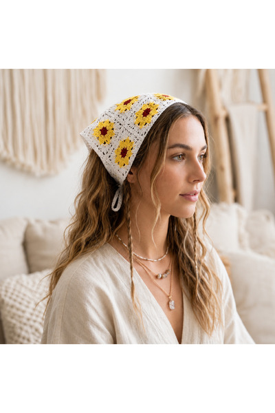 synshop Knitted Triangle Bandana Yellow Cream Hairband Women Teen Girls Kids ...