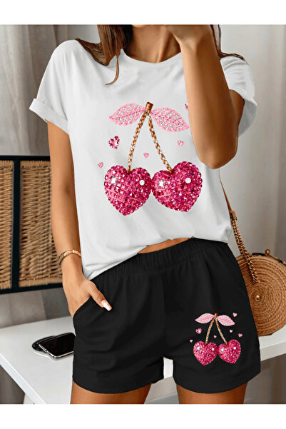 gencerco İnci Aşk Kalp Cherry Printed Γυναικείο Premium Oversize Σετ μπλουζάκ...