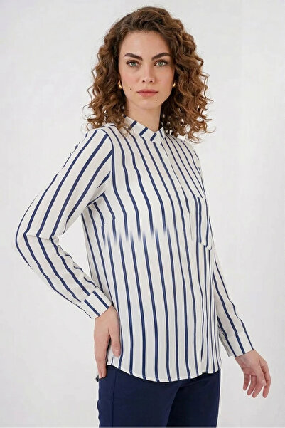 Efnaz style Women's Striped Viscose Navy Blue Shirt